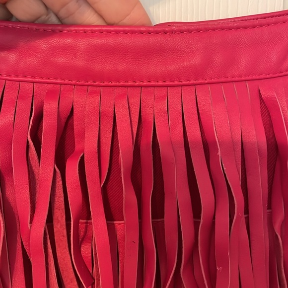CUSP Neumann Marcus Pink Leather Fringed Mini Skirt XS Lined Zipper Sexy EUC - Picture 3 of 9